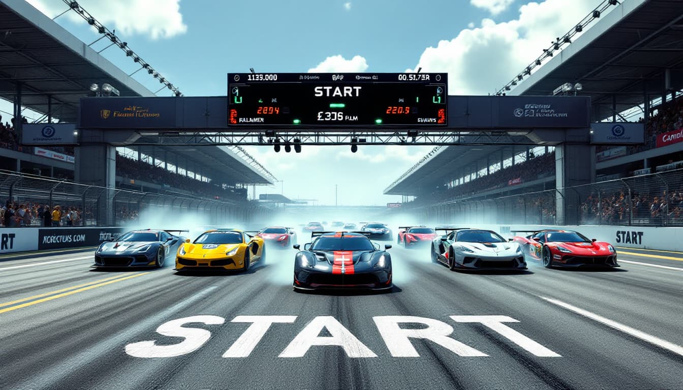 AI generated: On a wide race track behind the START lane (white stripe across the track and the inscription START)...