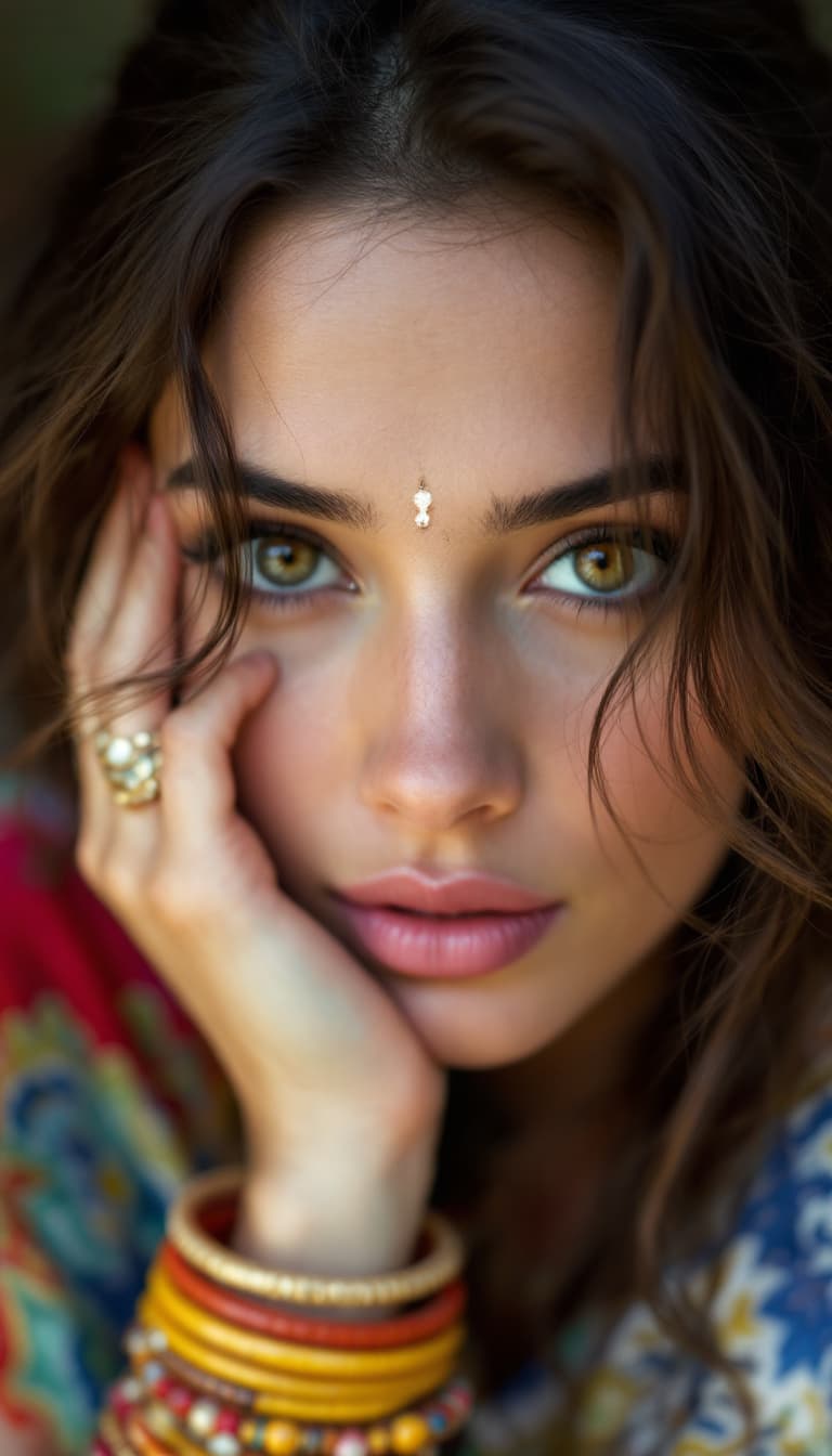 AI generated: Jennifer Connelly ,18-21 years old, brown hair, Indian hair style,trying to shy, inhaled chest,wide ...