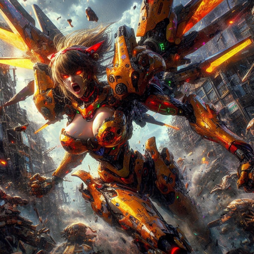 AI generated: painterly style, photorealistic, detailed flying debris, more colorful, a in rage sexy Asuka, evil s...