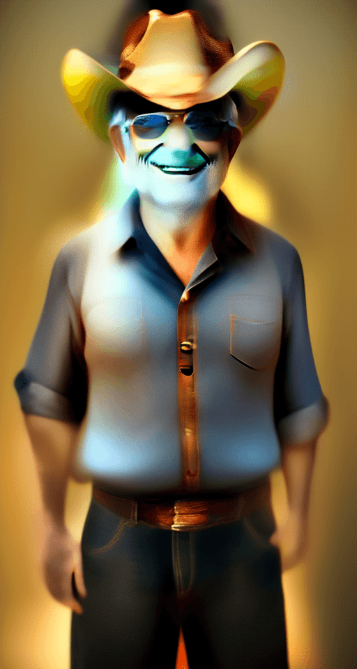 AI generated: An old man wearing cowboy hat is standing in front of the camera, face always smiling, realistic, 3d...