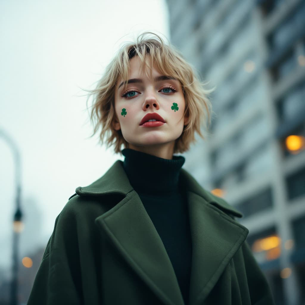 AI generated: "A cinematic portrait of a stylish young woman with short, messy blonde hair, standing in an urban e...