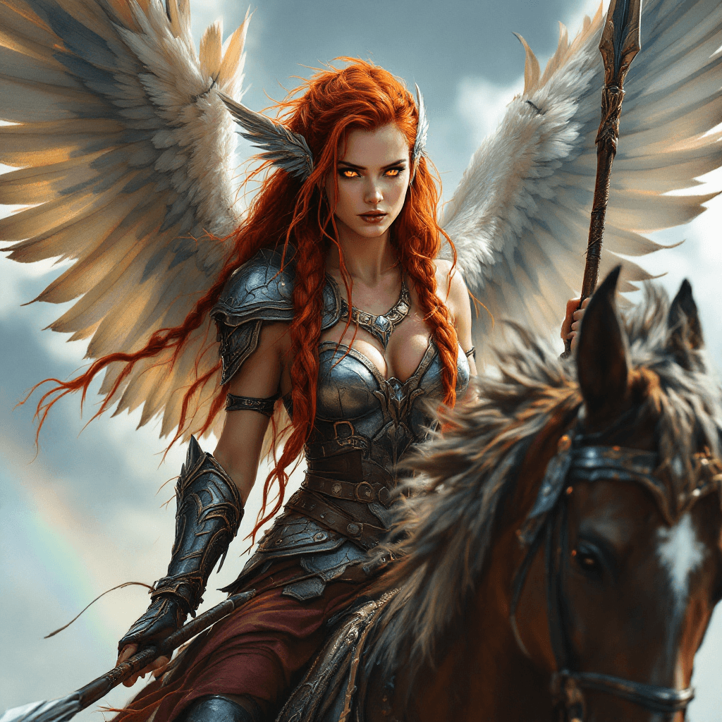 AI generated: The Valkyrie of the Bifrost Bridge: A fearless warrior with long, braided vibrant red hair, often ad...