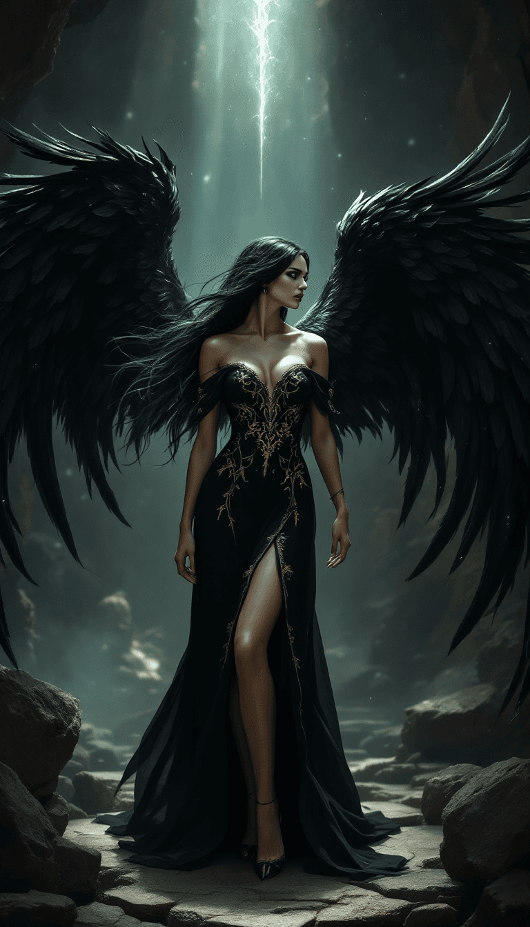 AI generated: Ultra-high resolution, Hyper-detailed dark fantasy artwork, A stunning dark angel with flowing black...