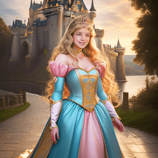 AI generated: young woman dressed as princess, smiling, castle in background, (((full body visible) )), looking at...