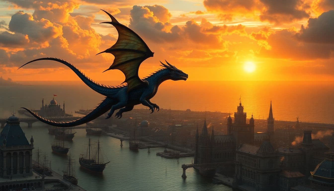 AI generated: a fantastical scene of a dragon flying over a city on the water, with a fiery sky and a large body o...