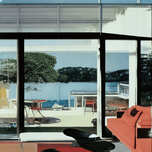 AI generated: Hyper realistic eye level exterior photo of a mid century modern style house overlooking the ocean, ...