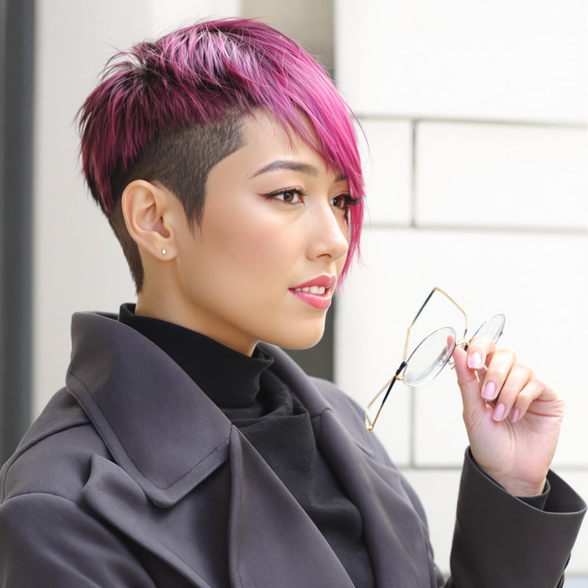 AI generated: A girl with dark pink, ultra-short hair in a sharp, edgy cut. She wears a tailored three-piece outfi...