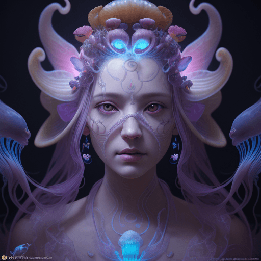 AI generated: Goddess close-up portrait ribcagel. jellyfish phoenix head, nautilus, orchid, skull, betta fish, bio...