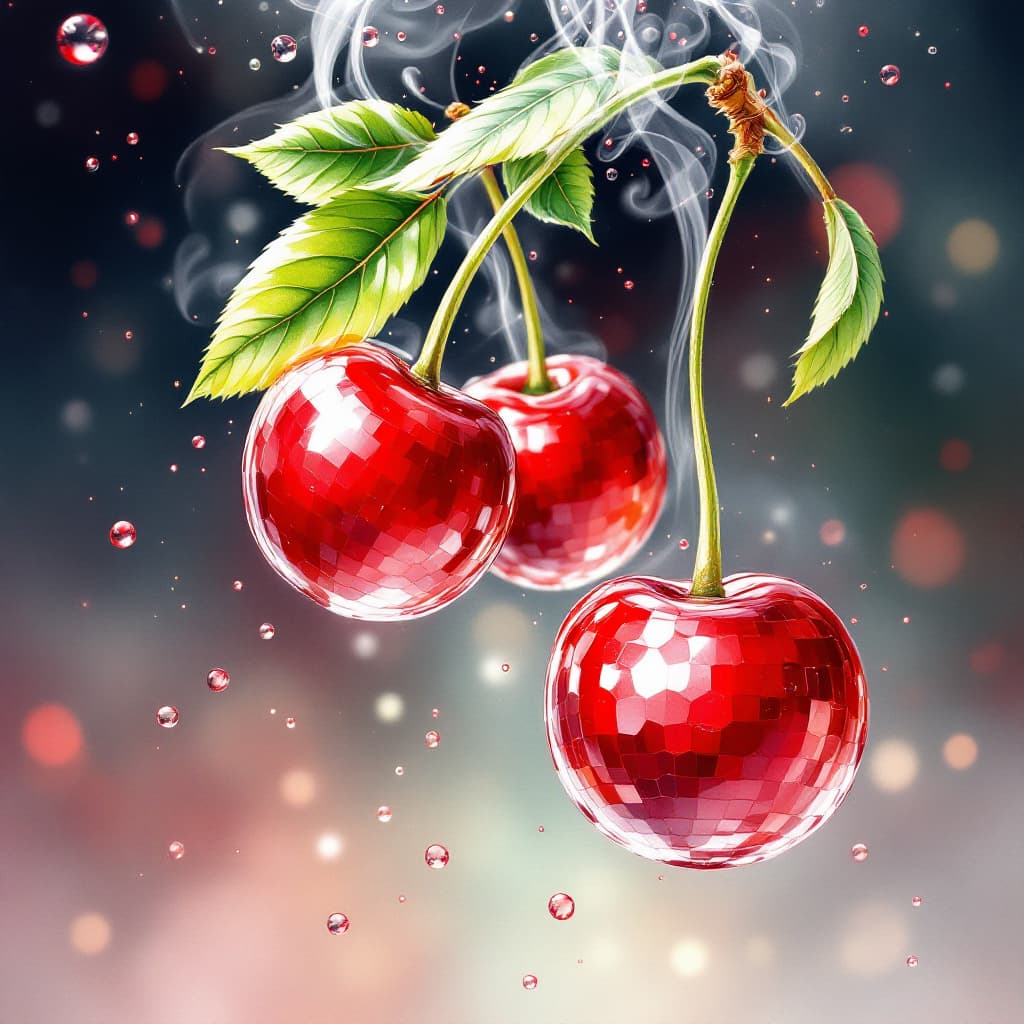 AI generated: glossy watercolor 2 red disco ball cherries on a connecting steam with leafs