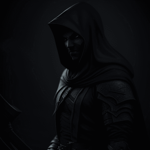 AI generated: Dark assassin. Hood. in the night. flowing fog. realistic depiction of dim light and shadow, fresnel...