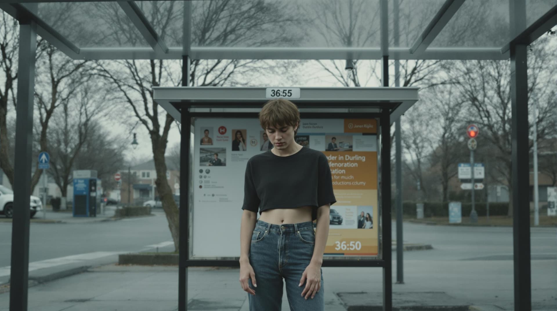 AI generated: a sad man wearing a cropped top and jeans standing in front of the bus stop, in the style of Oleg Op...