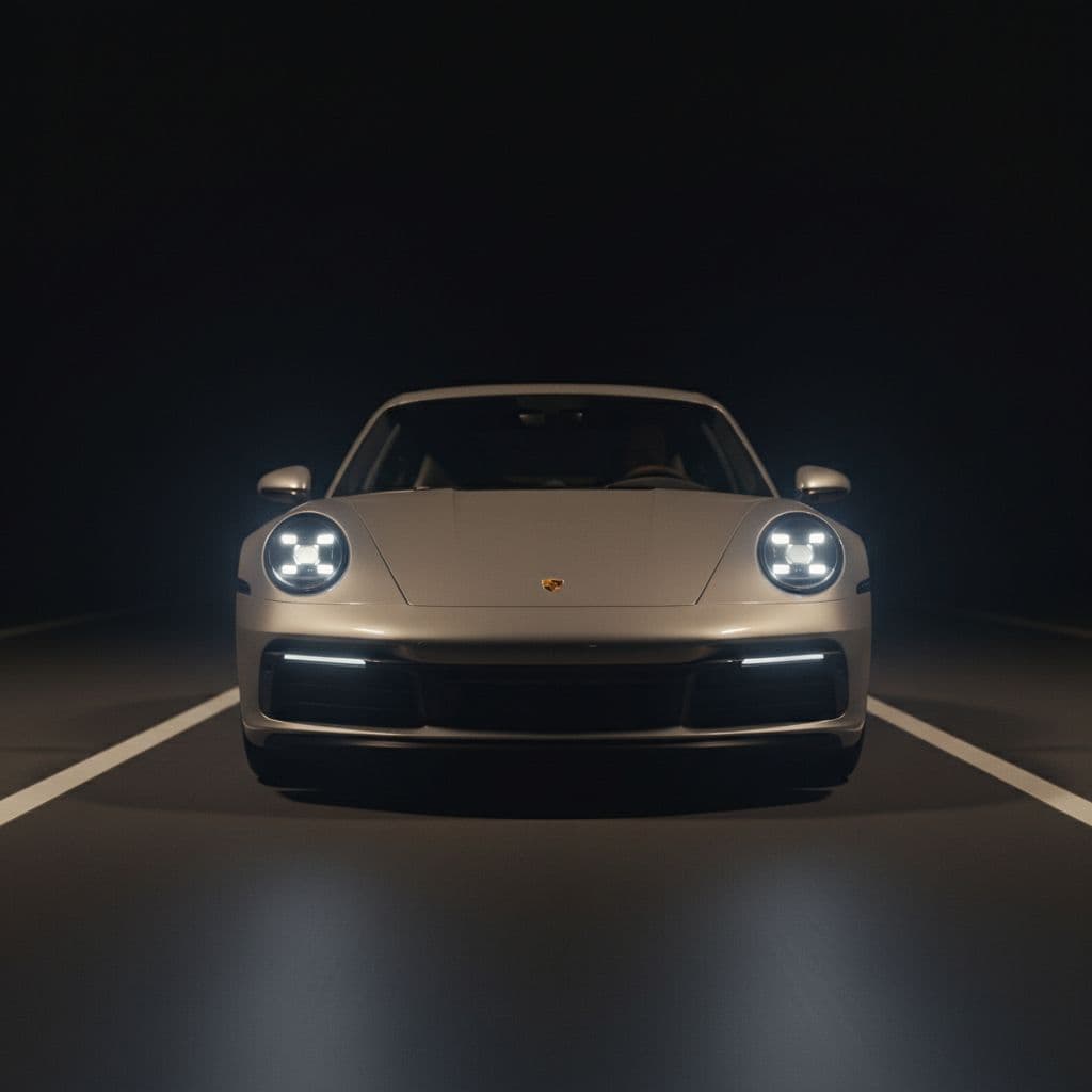 AI generated: Cena cinematográfica ultra-realista à noite, mostrando um Porsche cinza-claro se aproximando lentame...