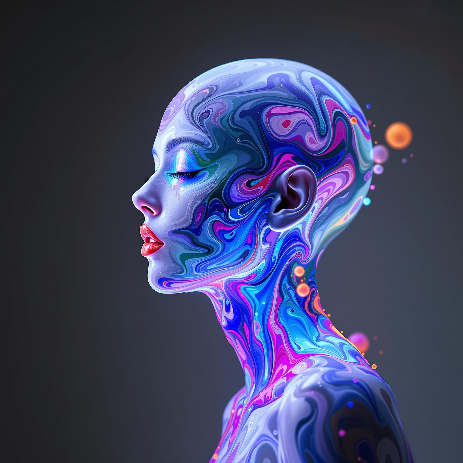 AI generated: a dreamlike, high-contrast, vibrant, flat-side-profile view of a glowing, bald, genderless, humanoid...