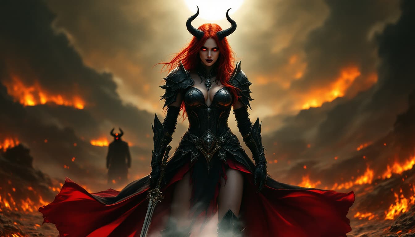 AI generated: a woman with hip length long red hair and black horns, dressed in dark armor and standing in a fiery...
