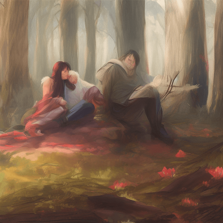 AI generated: a fat boy and a girl sitting together and hugging in a forest. girl has long bright flowing red hair...