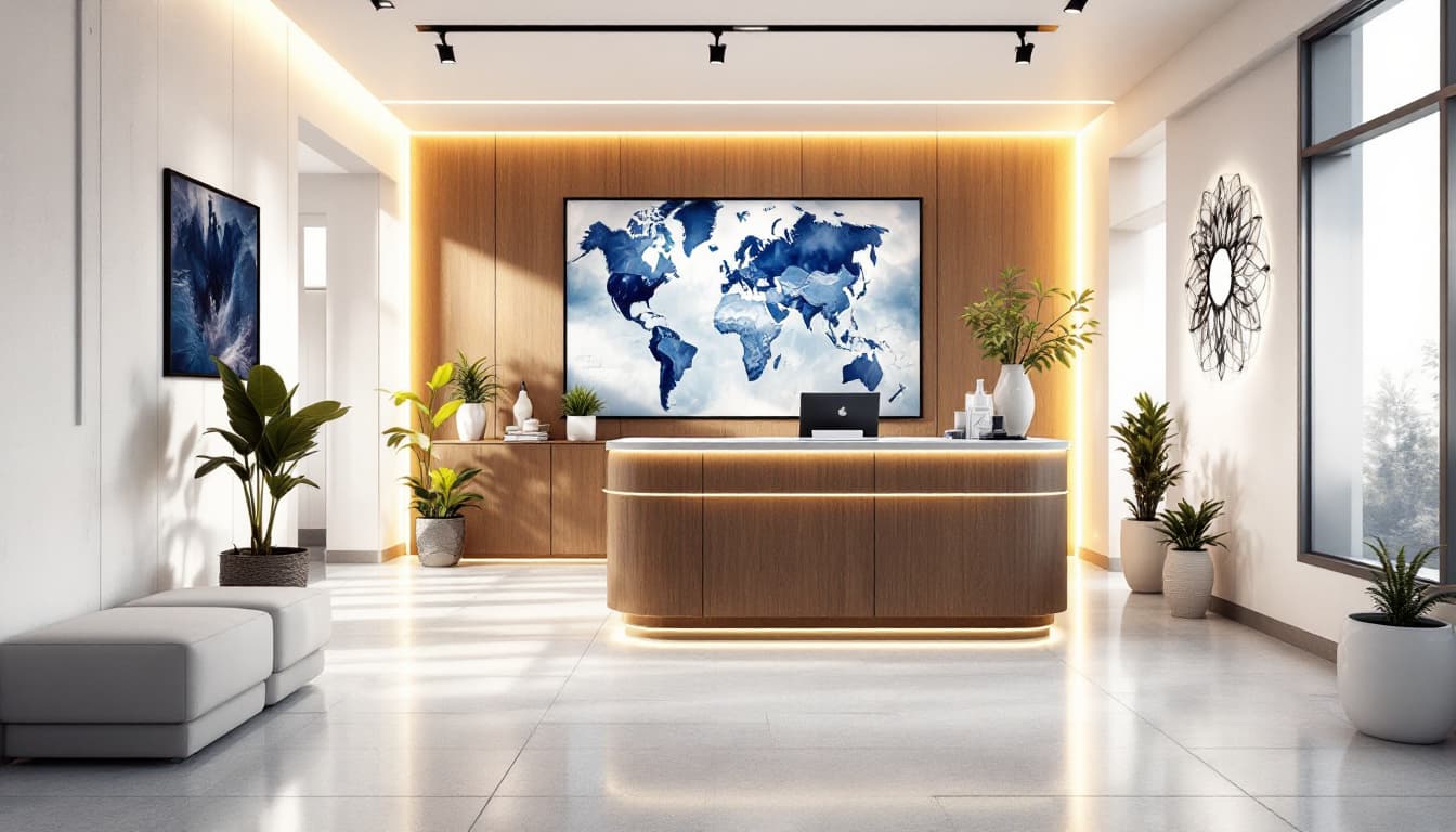 AI generated: MODERN doctors partice reception area BRIGHT COZY GOLDEN HOUR LIGHT from the side --no people
