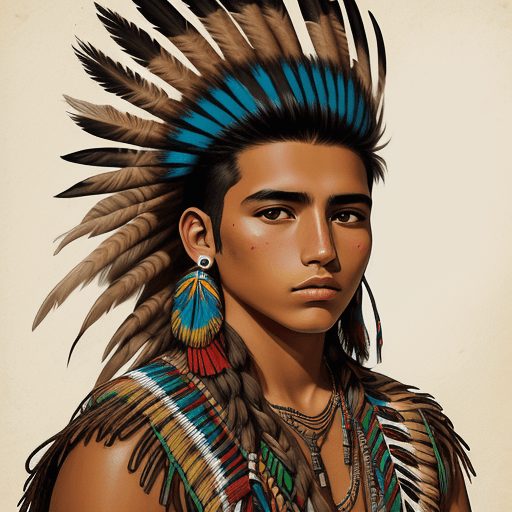 AI generated: joven de 20 años
hombre guerrero indio cherokee con miles de plumas de colores, are digital full col...