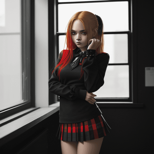 AI generated: A beautiful woman standing next to a window, posing in black long sleeves and a short micro miniskir...
