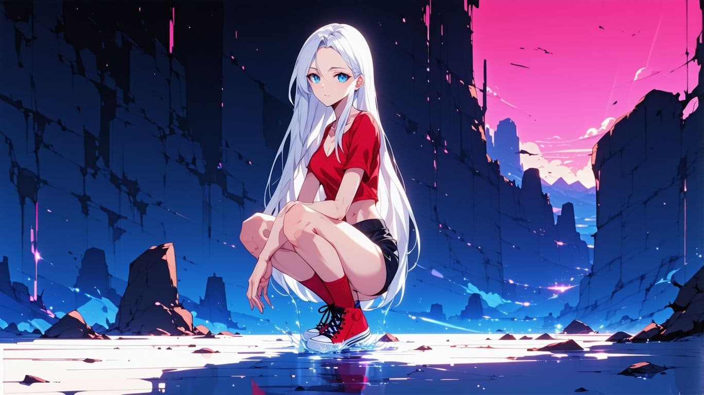 AI generated: high quality, 1lady, 25 years old, blue eyes, long white hair, fade, upper body 
, red-top, black sh...