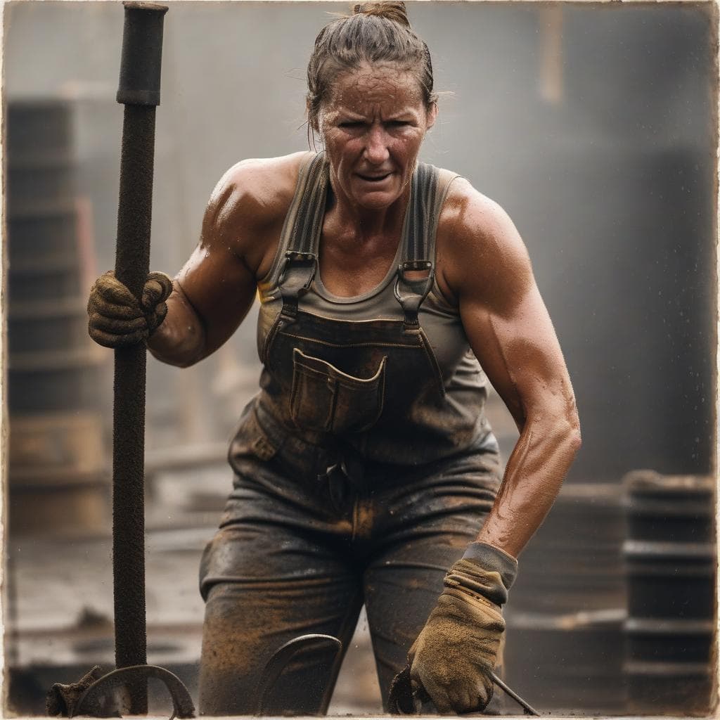 AI generated: A sweaty muscular woman working as a steel worker on a stressing and dirty job, male physique, exhau...