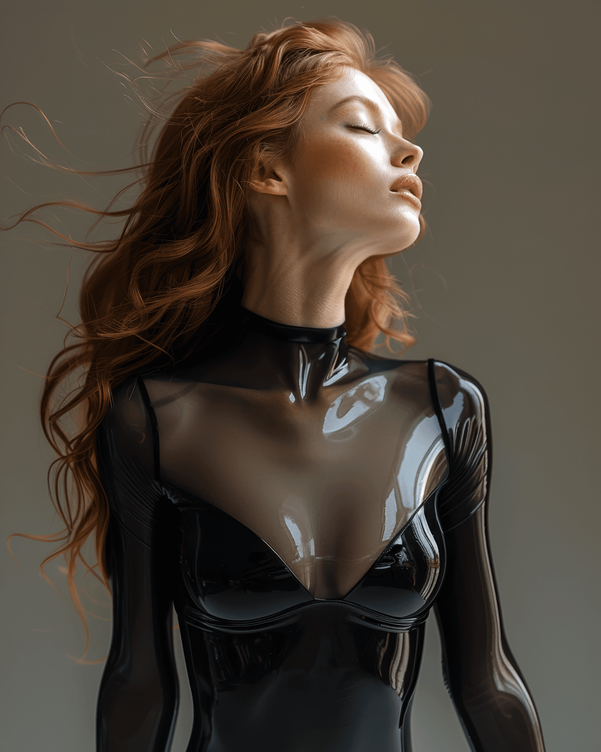 AI generated: passionate athletic ballerina showing off in shiny black , in the style of bold domestic intimacy an...