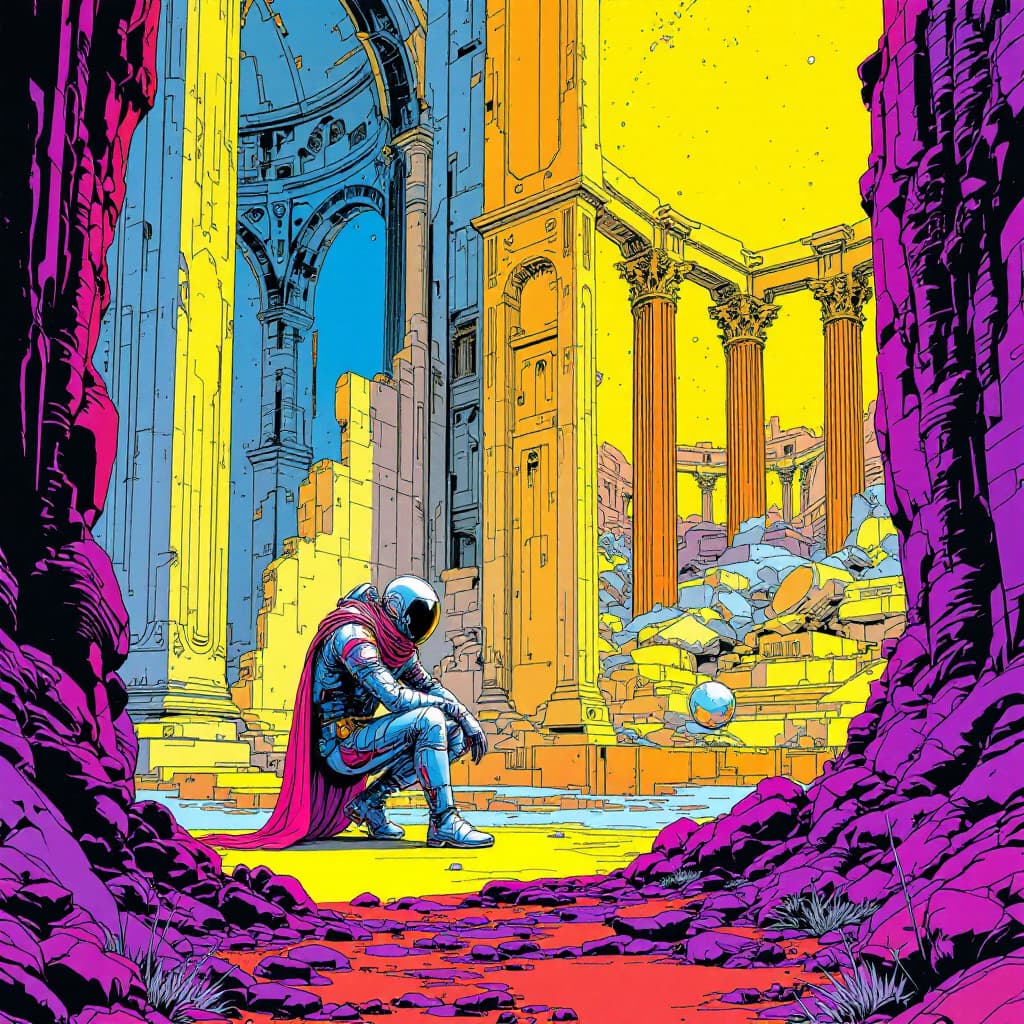 AI generated: by moebius, a space soldier in a ruin colorful, purple, azure, yellow, orange, saturated colors, moe...