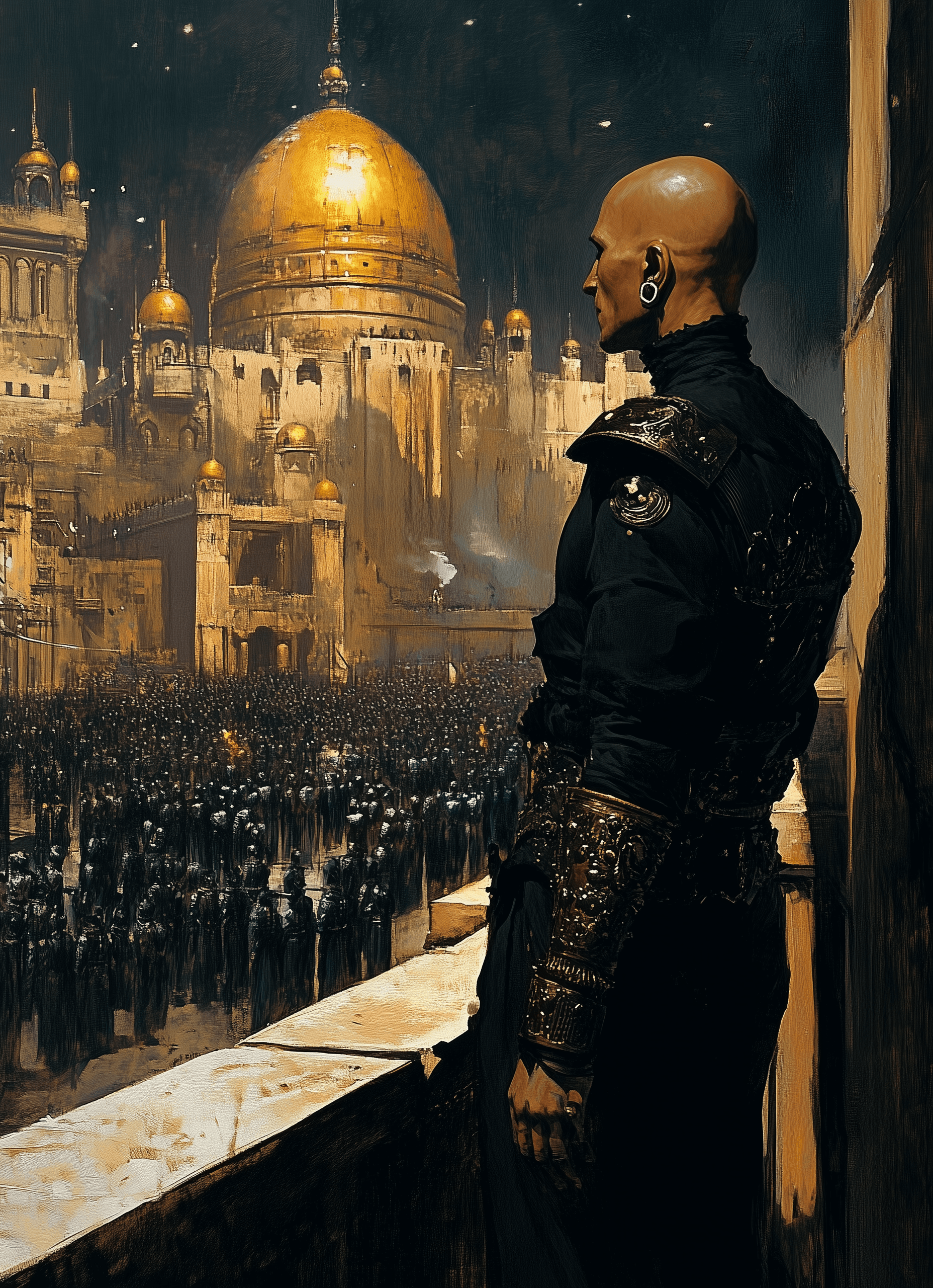 AI generated: 70s dark fantasy book illustration art in the style of Frazetta: a bald man with an earring stands o...