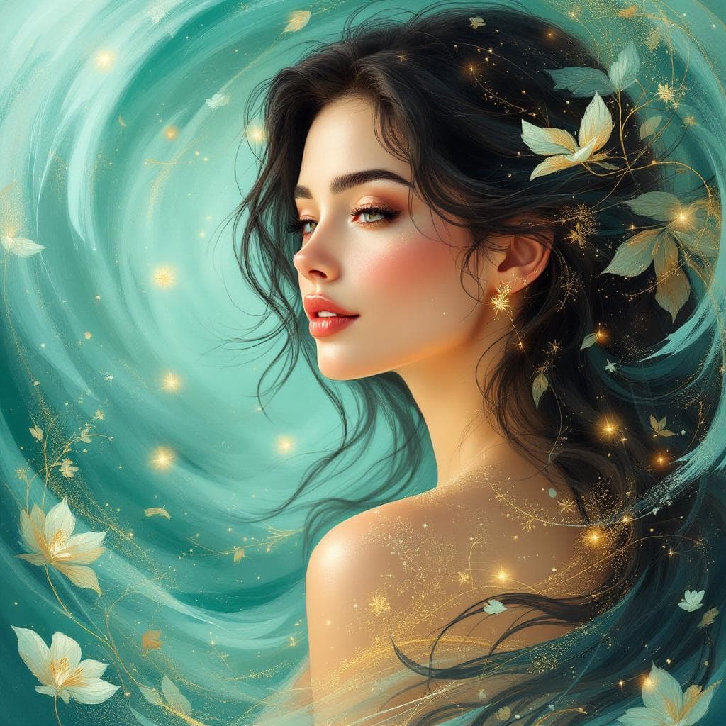 AI generated: Digital artwork of a graceful woman with soft radiant skin in warm peach-gold tones, serene expressi...