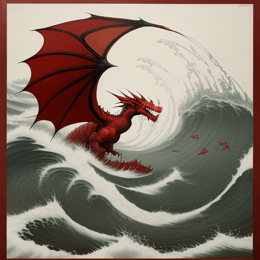 AI generated: red dragon in the waves art print, in the style of kōji morimoto, neo-traditional japanese, john bla...
