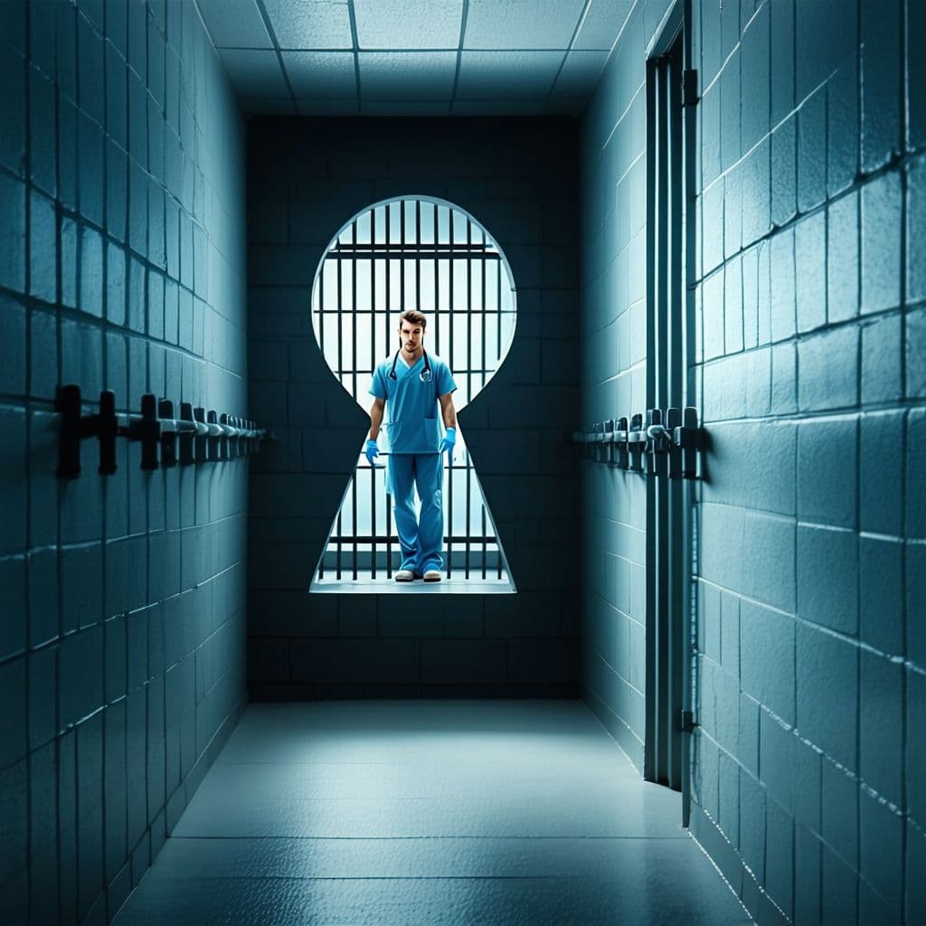 AI generated: prison corridor, cell bars, a man stands near the bars and looks through the keyhole, the man has ha...