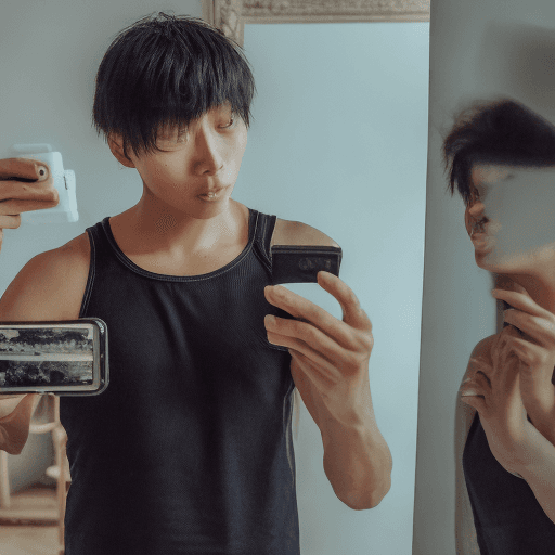 AI generated: High resolution photography of a man in front of a mirror, using his mobile for taking a selfie, in ...