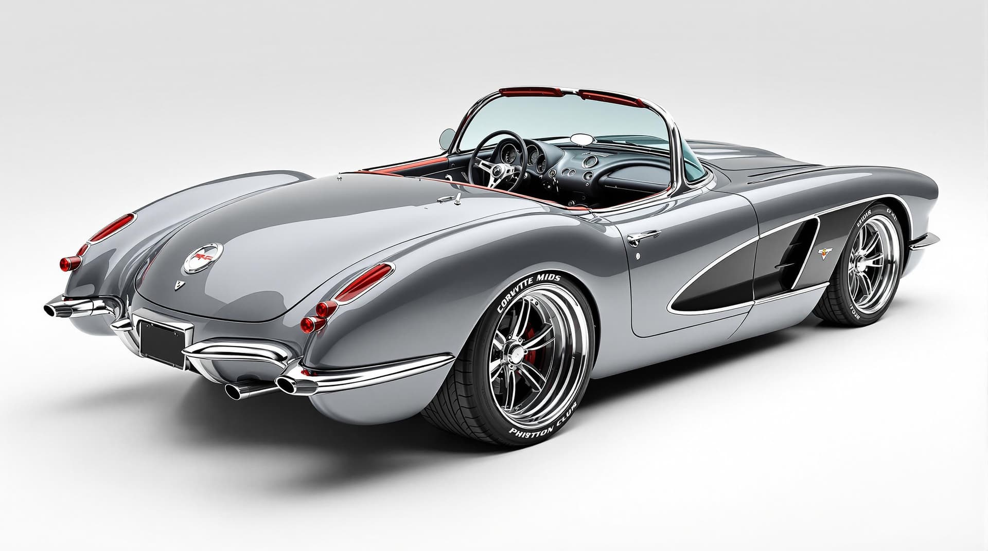 AI generated: Hyper realistic 1959 chevy corvette convertible, rear side top view, gray color, restomod with exhau...