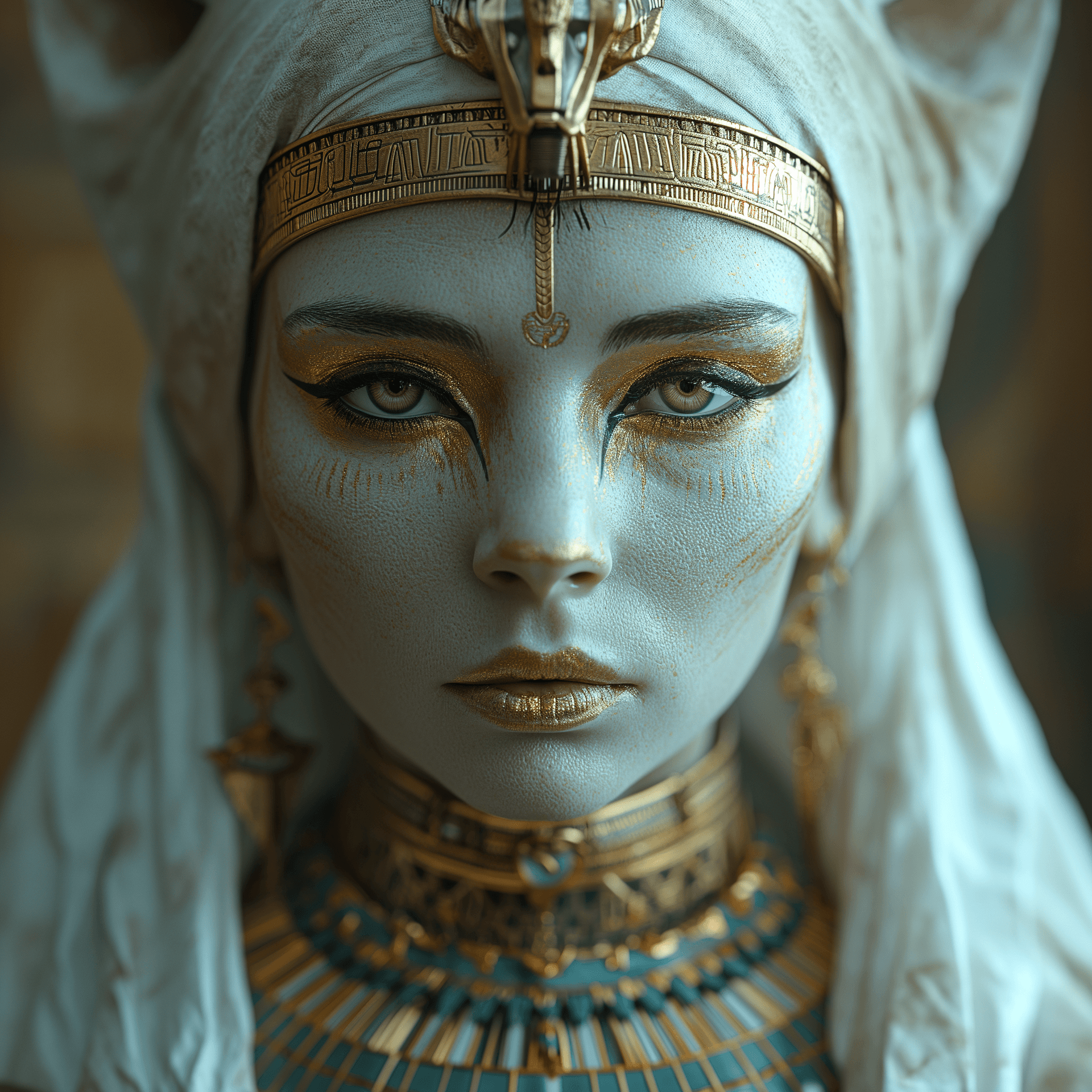 AI generated: A white goddess with golden tears and make up like a cat, full body, golden and futuristic Egyptian-...