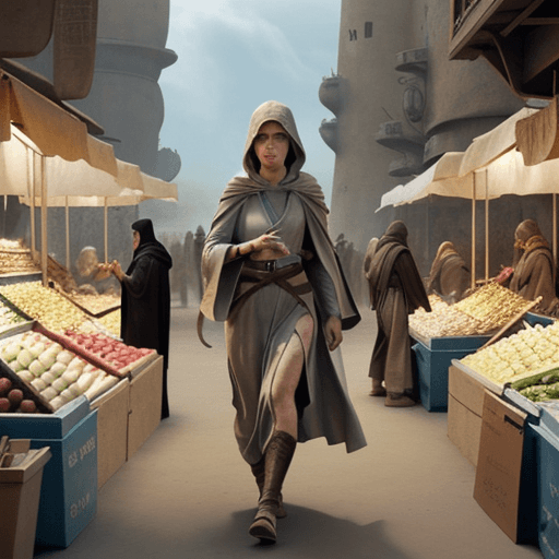 AI generated: A serious and brave female jedi walking through a market in Tatooine, wearing a hooded robe, --ar 4:...