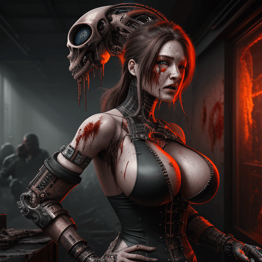 AI generated: Hyper realistic steampunk cyborg chopping the head off an alien, blood, guts, slaughter, end of the ...