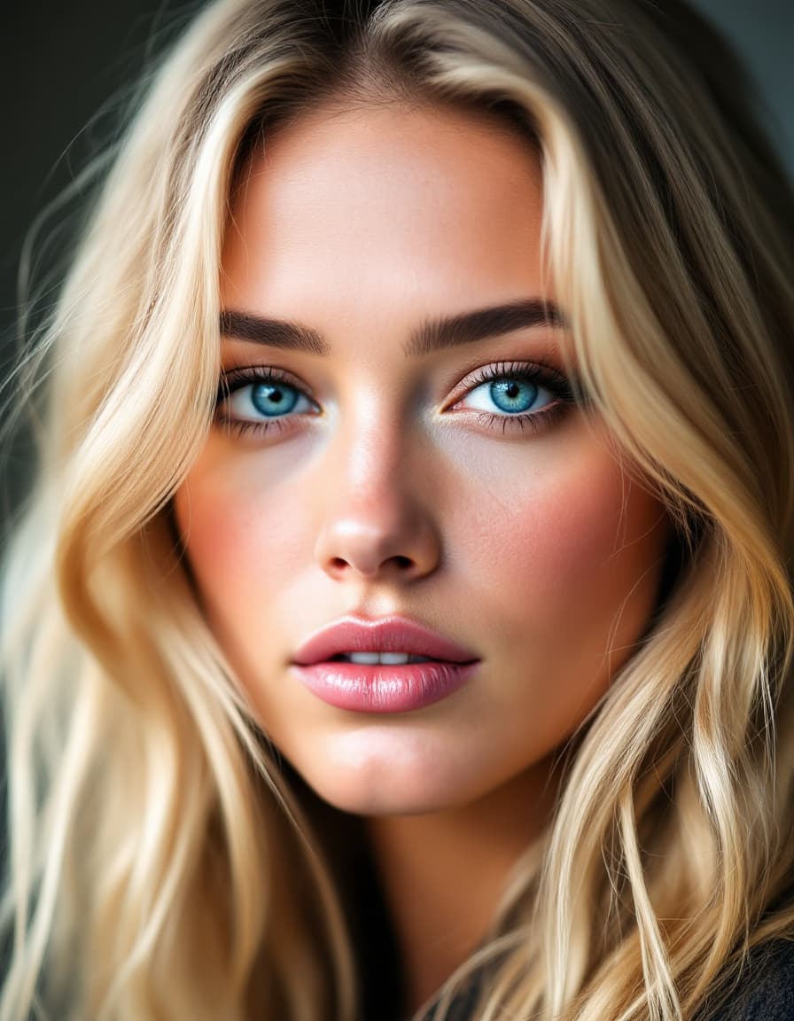 AI generated: A close-up portrait of Amber Heard with blonde hair and blue eyes, facing the camera directly. Soft ...