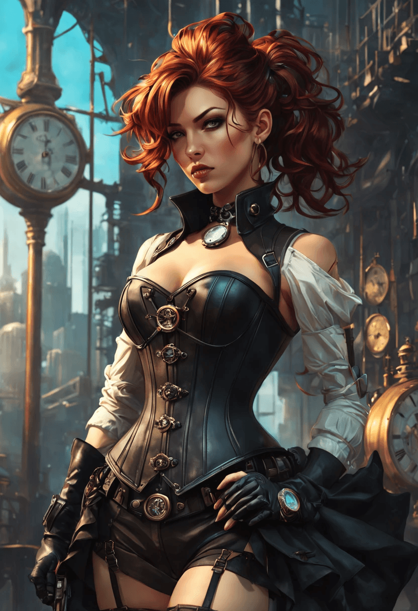 AI generated: background woman in corset and watch, cyberpunk art by Marek Okon, cgsociety contest winner, fantasy...