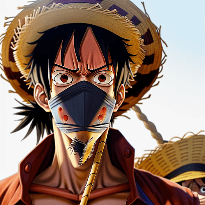 AI generated: luffy from one piece. photo realistic. straw hat covering some of face. straw in mouth.