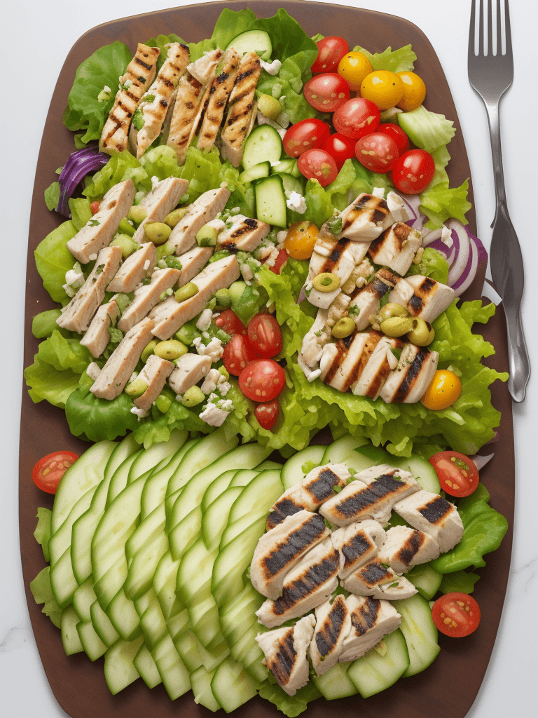 AI generated: Create a plate with grilled golden chicken salad, include on the plate, lettuce, tomato, cucumber an...