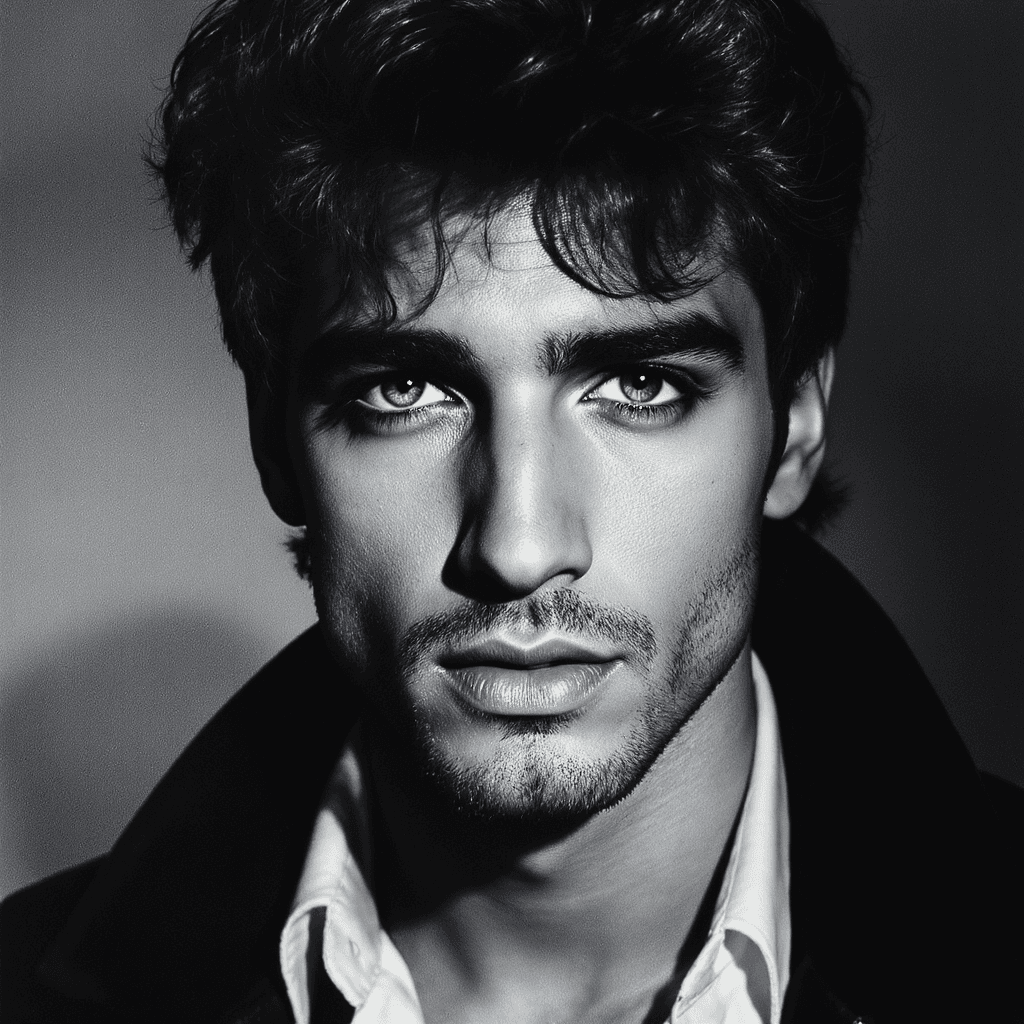 AI generated: a dramatic close-up portrait of a male pop singer with soulful eyes, soft light and deep shadows, 19...