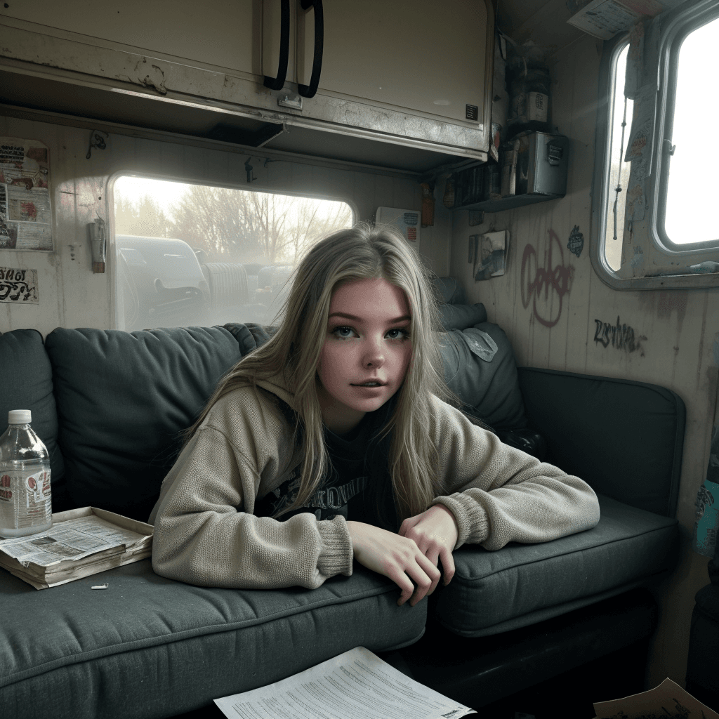 AI generated: Dark Ambient Dystopian world, a photo of a girl sits on the couch inside clumsy cluttered trailer ne...