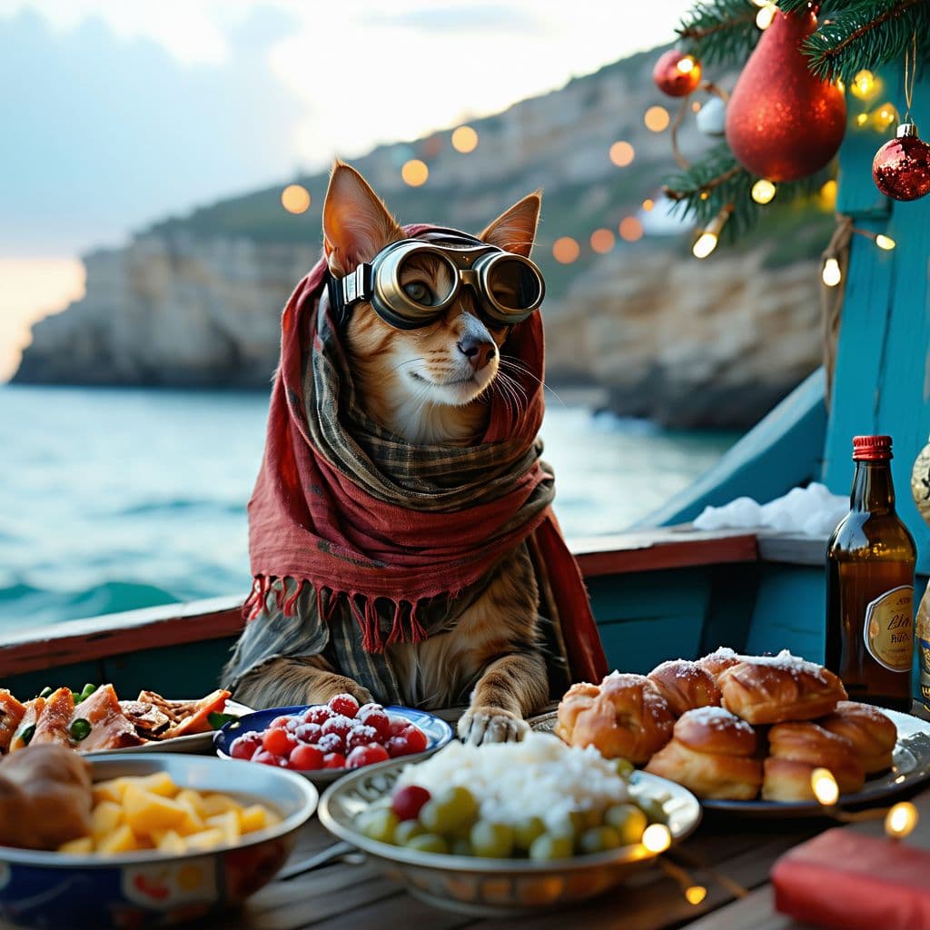 AI generated: imagine a funny festival dog with googles and a pashmina over its head sitting in a fishing boat, Ma...
