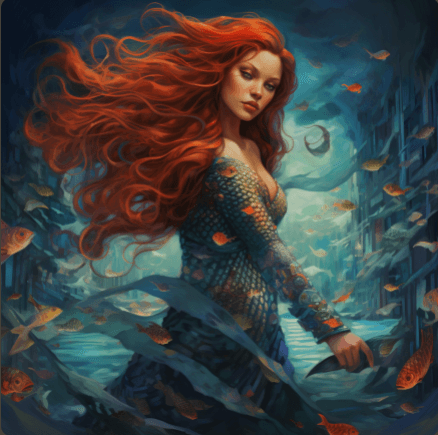 AI generated: realistic image, raw style, vibrant colors including teal, underwater sunken ship in the distant bac...