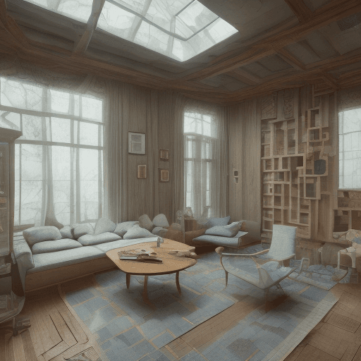 AI generated: High resolution photography interior design, dreamy sunken living room conversation pit, wooden floo...