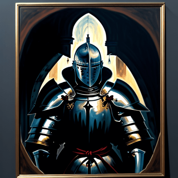 AI generated: Painting of a knight looking down in despair. Background has a love castle which is forever empty an...
