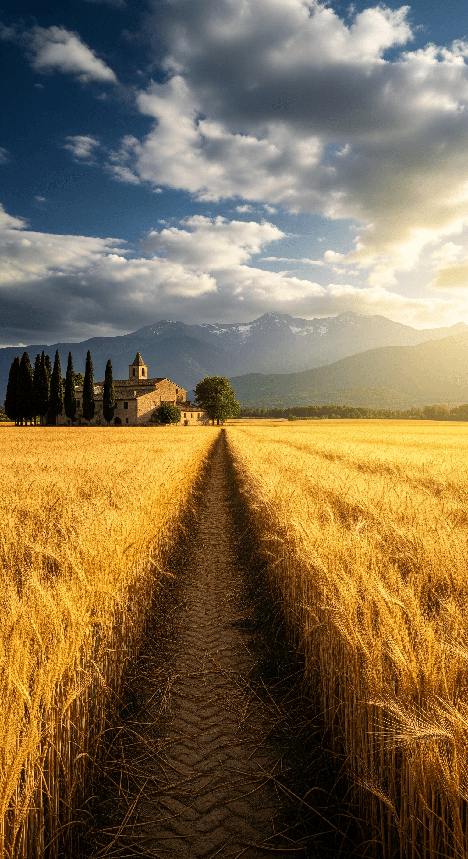 AI generated: A stunning, vertical landscape photograph (shot with a 50mm lens) of a dirt path cutting straight th...
