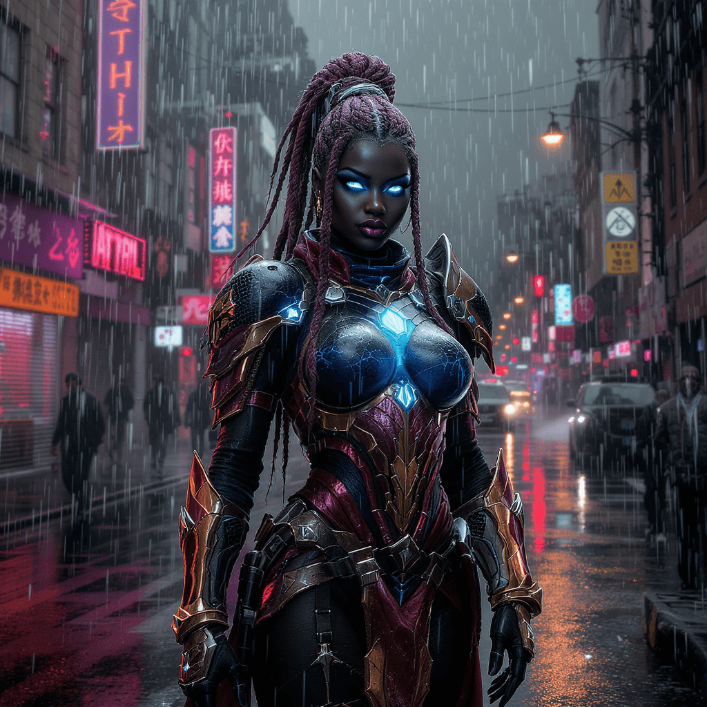 AI generated: African American warrior Princess, wearing battle armor, standing in the rain on an empty NYC street...