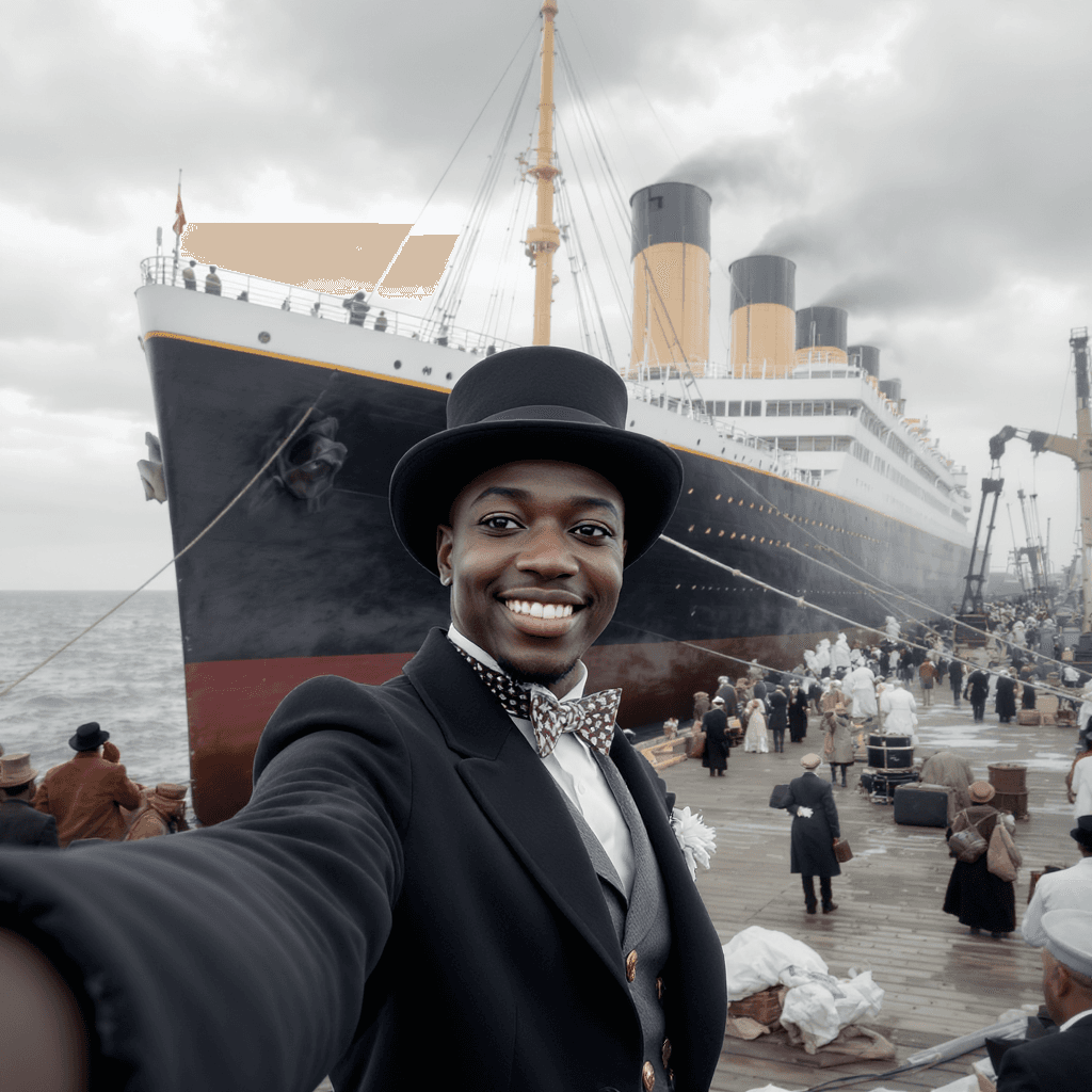 AI generated: full body view: A selfie photo of an african american influencer in a typical 1910s nobility's dress...