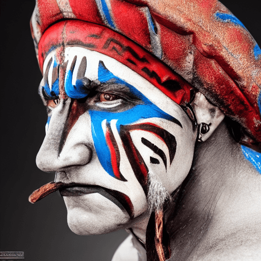 AI generated: hyperrealistic style,portrait photo of a Austrian old warrior chief, tribal panther make up, blue on...