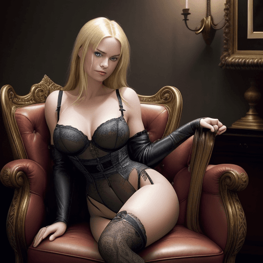 AI generated: In the dimly lit room, a woman with blonde hair and blue eyes is seated on an ornate leather chair. ...